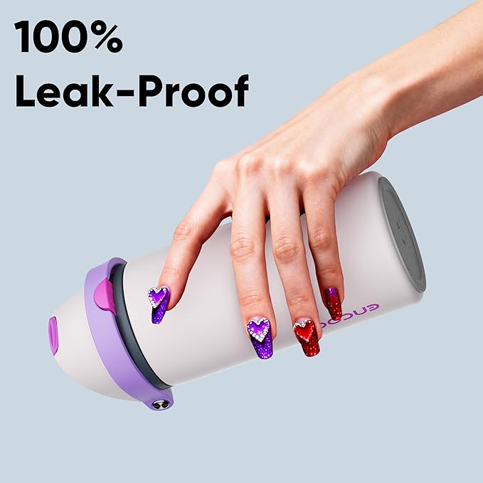 Insulated Water Bottle with Straw - Encool Stainless Steel Water Bottle with Push Button Lid, Leak-Proof & BPA-Free, Keeps Cold for 24 Hours for Sports, Travel, Gym (18 oz, Oyster Pink)