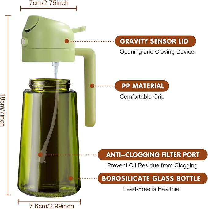YARRAMATE 2PCS 16oz/470ml Oil Sprayer for Cooking with Stickers, Food-Grade 2 in 1 Olive Oil Dispenser Bottle for Kitchen, Premium Dark Green Glass Oil Bottle for Air Fryer, BBQ (White & Green)