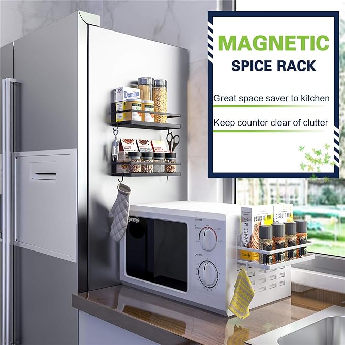 Thipoten Magnetic Spice Rack, Strong Magnetic Shelf with 2 Removable Hooks, Perfect Space Saver for Small Kitchen/Apartment, Awesome Metal Cabinet for Holding Spices, Jars, Salt (White, 2Pack)