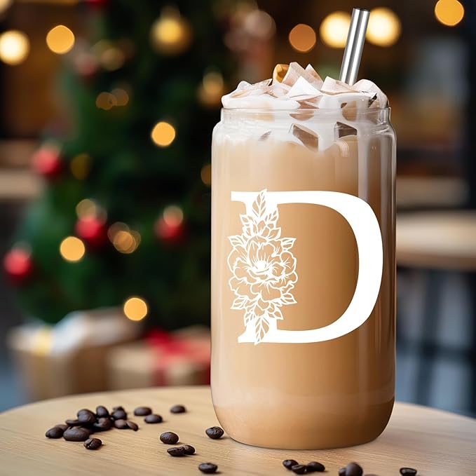 Coolife Initial Glass Cup, Monogrammed Gifts for Women, 16 oz Glass Cups w/Lids Straws, Iced Coffee Smoothie Beer Tumbler w/Straw Lid - Personalized Christmas, Birthday Gifts for Her Mom Friend Woman