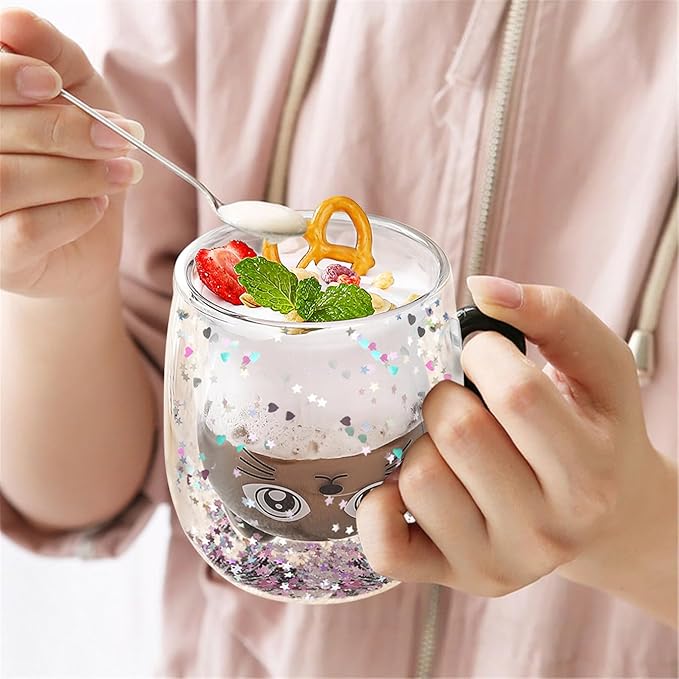 Gifts for Women Cat Gifts Double Walled Glass Coffee Latte Cup Cute Stuff Black Cat Mug Gifts for Her Christmas Stocking Fillers,Birthday,Valentines,Halloween Presents for Women,Men,Kid,Mum,Teacher