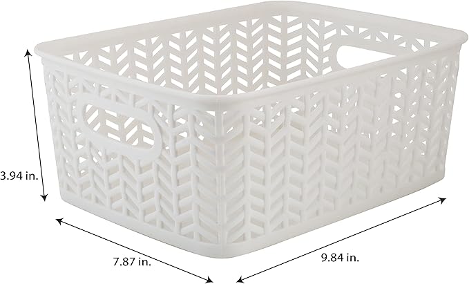 Simplify Small Herringbone Bin Storage Tote Basket Organizer Decorative, Good for Closets, Countertops, Desks, Dressers, Accessories, Cleaning Products, Sports Equipment, Toys, White