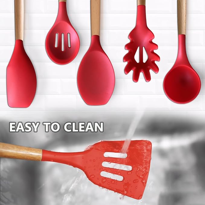 Kitchen Cooking Utensils Set 6Pcs Heat Resistant Silicone Kitchen Utensils Spatula Spoon Turner Ladle w Wooden Handle, BPA FREE Silicone Cooking Tool Gadget Set for Nonstick Cookware & Baking