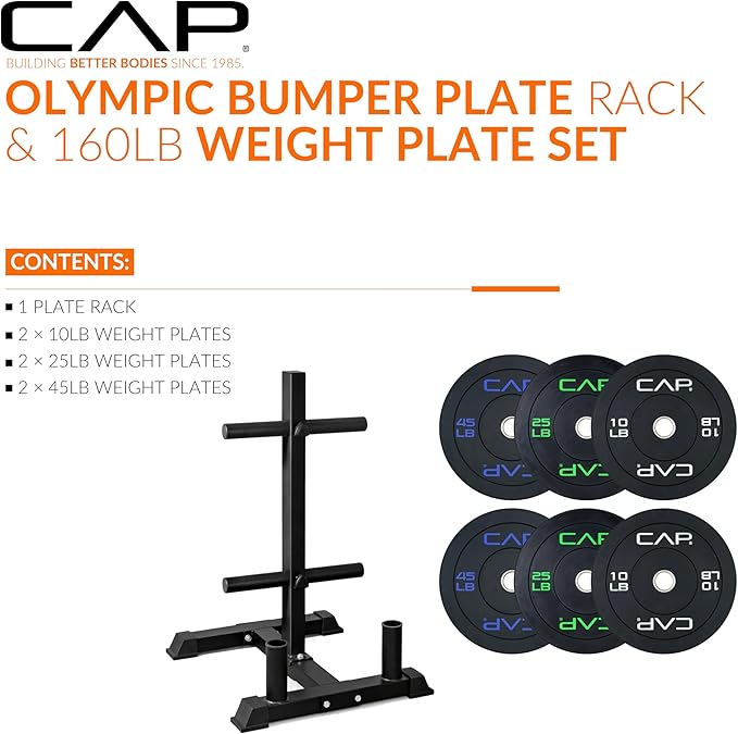 CAP Barbell 2-Inch Olympic Bumper Plate Weight Set with 6 Post Rack | 100-370 lbs | Multiple Options