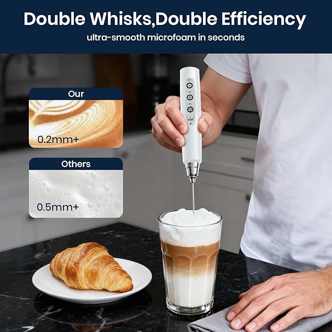 Milk Frother with Stand Rechargeable-Handheld Coffee Frother with 3 Stainless Whisks 3 Speed Adjustable, Electric Whisk Drink Mixer, Foam Maker Blender for Matcha Latte Cappuccino Chocolate