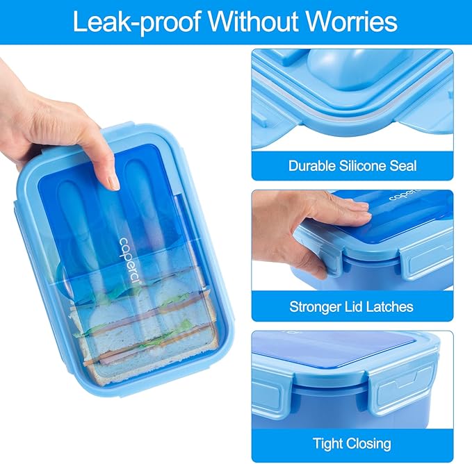 Caperci Classic Bento Lunch Box for Adult & Older Kids - Leakpoof 47 oz 3-Compartment Lunch Containers for Adults and Teens, Built-in Utensil Set, Ideal for On-the-Go, Blue