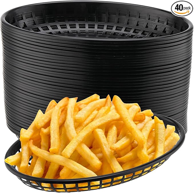 40 Pack 8.9x5.7x1.6 Inch Black Plastic Fast Food Baskets, Restaurant Serving Baskets, Oval Fast Food Serving Tray for Picnic, Deli Serving, Chicken, Burgers and Fries