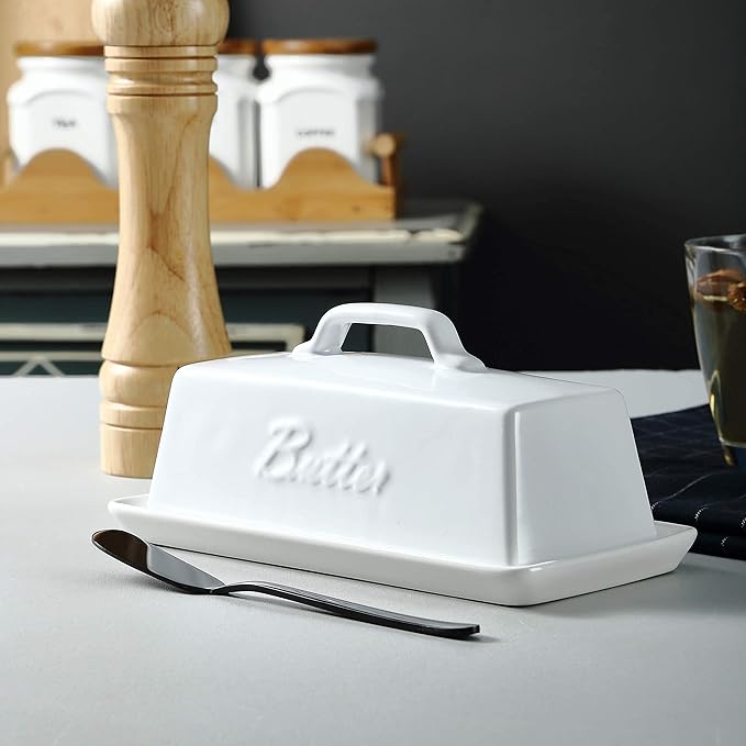Bruntmor Ceramic Butter Dish With Lid. Butter Holder/ Tray/ Storage With Lid And Handle. Porcelain Butter Keeper For Countertop. Butter Dish With Cover In White Color.