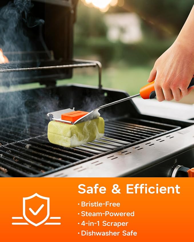 Grill Brush Bristle Free for Outdoor Grill, Steam Grill Cleaning Brush Replaceable Head, Extended Handle, Safe BBQ Cleaner Brush with Scraper for Cast Iron Stainless Steel Porcelain Grates
