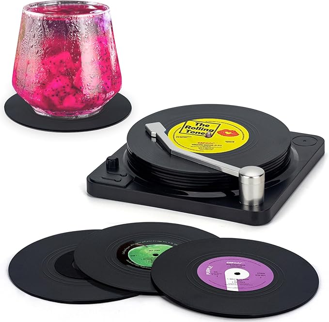 Valdivia Vinyl Record Coasters for Drinks with Records Player, Retro Album Coasters Set of 6, Funny New Home Decor for Housewarming Gifts, Music Lovers Presents, Cool Apartments Decoration Gifts Ideas