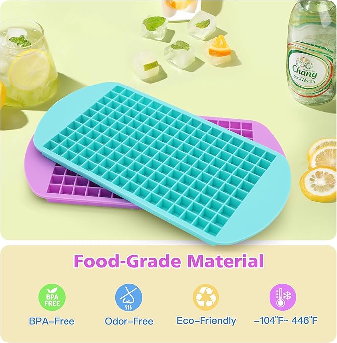 Mini Ice Cube Trays Set of 2-160 Small Ice Cubes Silicone Mold for Whiskey, Cocktails, Water Bottles - BPA Free Flexible & Stackable Ice Maker (Cyan&Purple)