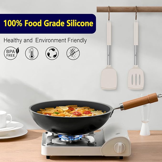 HOTEC Silicone Spatula Set of 2 Heat-Resistant 600°F & BPA-Free Kitchen SaptulaTurner with Stainless Steel Handles, Slotted & Solid Spatulas for Nonstick Cookware, 13.7 Inch, Khaki