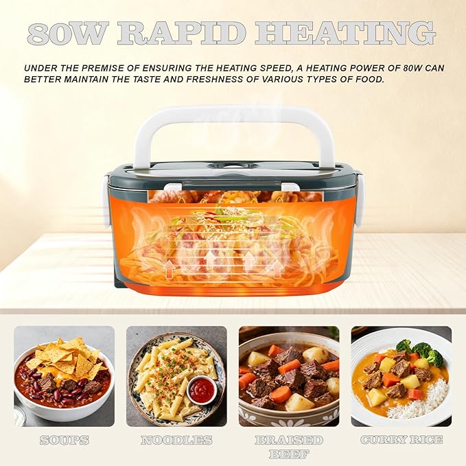 Buddew Electric Heated Lunch Box for Adults - 80W Fast Heating, 1.5L Food-Grade Stainless Steel, 12V/24V/110V Portable Food Warmer for Work Travel Car, Lonchera Electrica Portatil