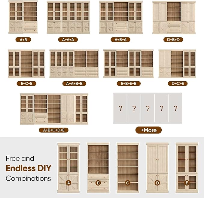 70.8" Tall Bookshelf with Doors, Farmhouse Modular Bookcase with 4-Tier Adjustable Shelves, Large Storage Cabinet for Home Office, Living Room, Brown, Set of 3
