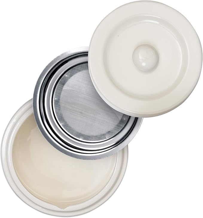 Ceramic Grease Container Keeper with Metal Stainless Steel Strainer and Lip for Easy Pour (Ivory)