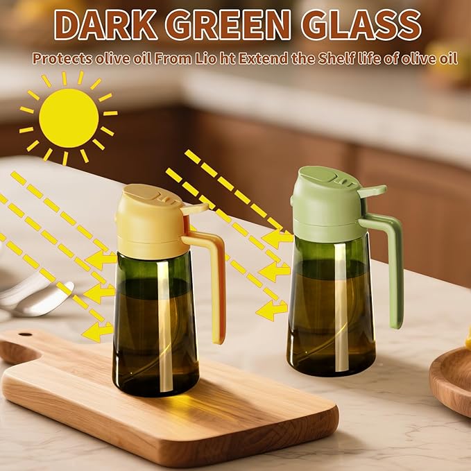 Olive Oil Dispenser and Oil Sprayer – 16oz/470ml Glass Light-Proof Oil Pourer for Kitchen, Air Fryer, Cooking, Salad, and BBQ