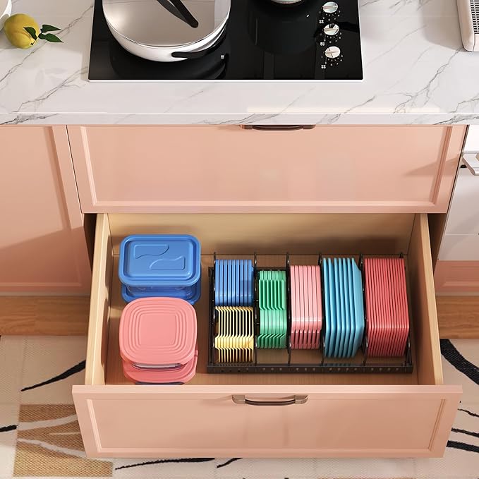 X-cosrack Metal Food Container Lid Organizer&Adjustable 6 Dividers Storage Container Lid Holder Rack for Cabinets, Cupboards, Pantry Shelves, Drawers to Keep Kitchen Tidy,Black(Patent Pending)