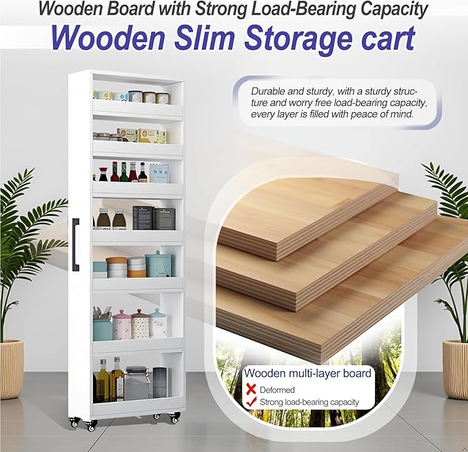 7-Tier Slim Storage Cart, Wooden Rolling Pantry Cabinet with Wheels, Narrow Shelf Organizer for Kitchen, Bakers Rack, Dining Room, Closet, Small Spaces Gray 73.2''H*9.8''W*19.6''D