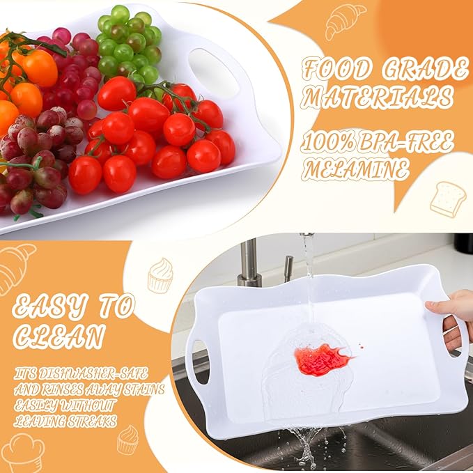 6 Pcs Large Melamine Serving Tray with Handles 17 x 12 Inch Rectangular Wave Melamine Serving Platters for Food, Eating, Turkey, Snack, Fruit, Desserts, Party, Dishwasher Safe