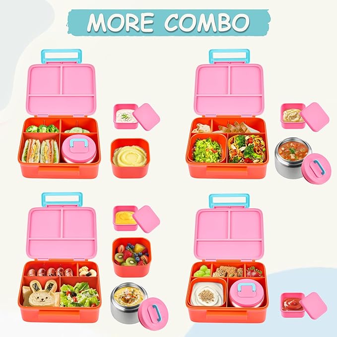 Bento Lunch Box for Kids with 8oz Soup Thermo Leak-Proof Lunch Food Containers with Snack Sauce Container for Kid Girls Boys to School,Pink