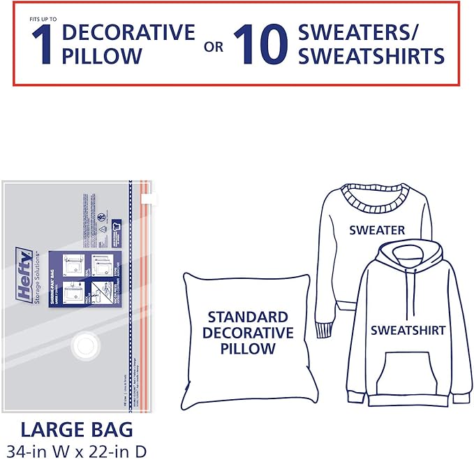 Hefty Shrink-Pak - 4 Large Vacuum Storage Bags for Clothes, Pillows, Towels, or Blankets - Space Saver Vacuum Sealer Bags Ideal Under Bed Storage Solutions