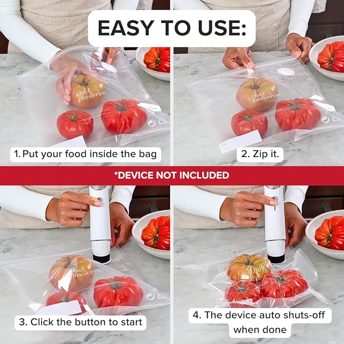 Chef Preserve Reusable Vacuum Sealer Bags for Food – 30 BPA-Free Medium (10 x 11 in) Food Storage Bags, Freezer, Microwave – Odor-Resistant, Leak-Proof – Compatible with Chef Preserve Vacuum Sealers