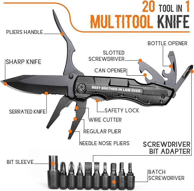 Brother in Law Gifts, Multitool Knife, Gifts for Brother in law, Christmas Practical Gift, Brother’s Birthday Presents, Brother-in-law Gift for Camping, Hiking, Fishing, 20 in 1 Multitool