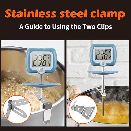 Digital Candy Thermometer with Adjustable Display, 304 Stainless Steel Probe, -58°F~572°F, Blue Body, Includes 2 Pot Clips & Heat-Insulating Pad for Sugar Syrup, Jam, Chocolate, Frying Oil
