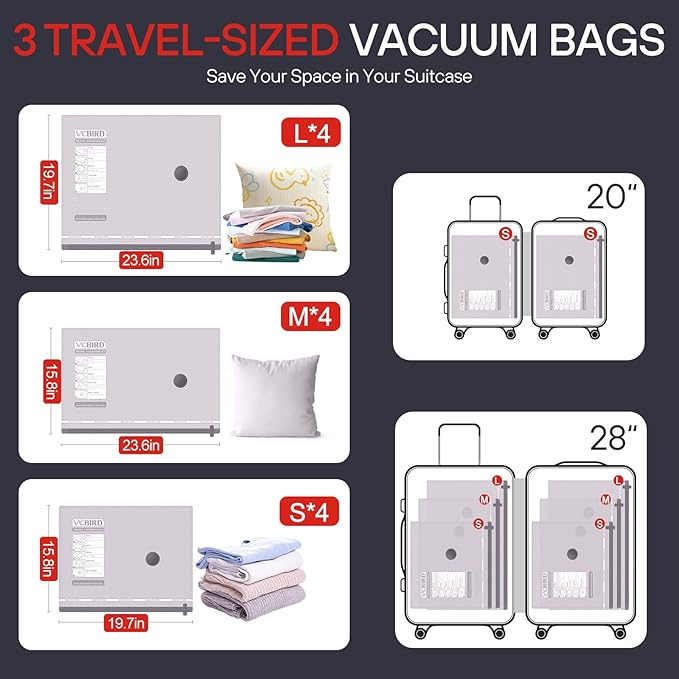 VMstr 12 Pack Vacuum Seal Bags for Clothing Travel, Carry-on Size for Luggage Compression Packing, Space Saver Bags with High Pressure Electric Pump (DC Power)