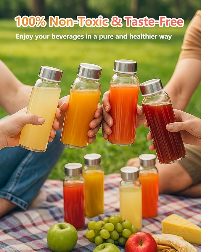 Zukro Clear Glass Juice Bottles 10.5 oz, 6 Pack Reusable 300ml Glass Jars With Airtight Stainless Steel Lids for Juicing, Milk, Ginger Shot, Smoothie, Leak Proof Small Water Container, BPA Free