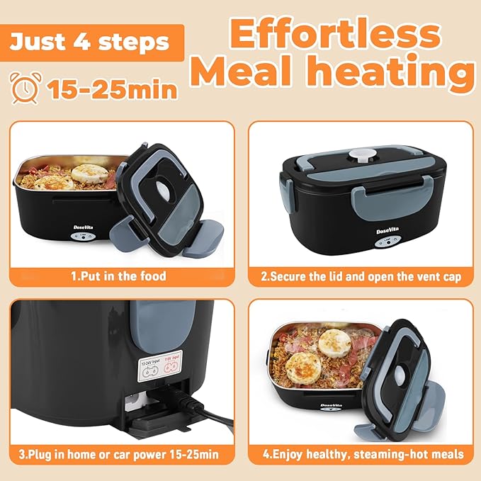 Electric Lunch Box for Adults, 80W Heated Lunch Box, 1.5L Stainless Steel Container | 12V/24V (Car/Truck) & 110V (Office/Home) | with Fork&Spoon and Insulated Carry Bag