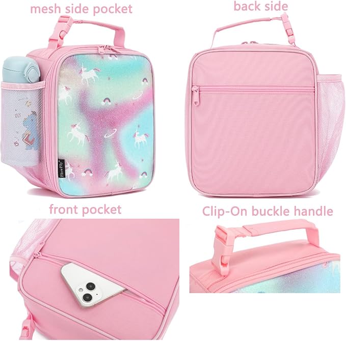 FlowFly Kids Lunch box Insulated Soft Bag Mini Cooler Back to School Thermal Meal Tote Kit for Girls, Boys, Glitter-Unicorn