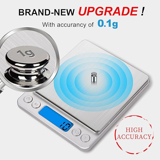 Small Digital Food Scale Ounce/OZ and Gram Scale, Kitchen Scale 3000g/0.1g High Precision for Baking, Soap Making, Jewelry, Includes 2 Trays and Batteries, 9 Units, Tare Function, Easy to Store