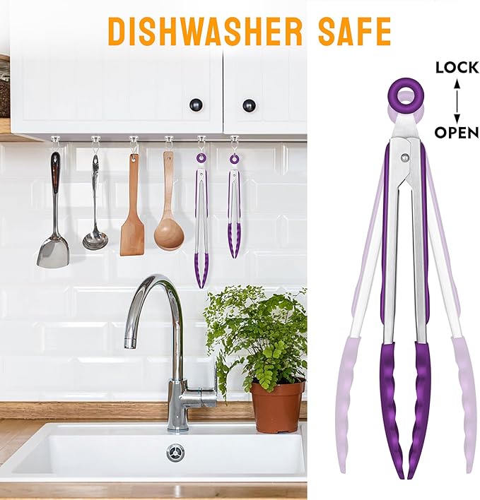 HOTEC Premium Stainless Steel Locking Kitchen Tongs with Silicon Tips, Set of 2-9" and 12" (Purple)