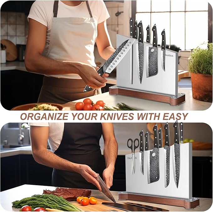 Large Magnetic Knife Holder16.15 x 11 Inches, Double Sided Magnetic Knife Block Without Knives, Stainless Steel Knife Storage Rack for Kitchen Counter With Strong Magnet Stand & Wood Base