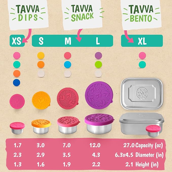 TAVVA Stainless Steel Lunch Containers for Kids [12oz/ 7oz/ 3oz] - BPA-Free Metal Lunchbox with Leakproof Silicone Lids - Lunch Box for Kids - Small Snack Food Containers with Lids - Dishwasher Safe