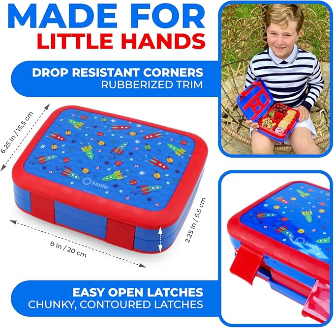 Kinsho Bento Lunch Box for Kids Toddlers, 5 Portion Control Sections, BPA Free Removable Plastic Tray, Pre-School Kid Toddler Daycare Lunches, Snack Container Ages 3 to 7 (Blue Space Rockets)