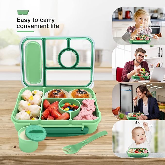Bento Box Adult Lunch Box Kids,Lunch Containers for Adults/Kids/Toddler,5 Compartments Bento Lunch Box with Sauce Vontainers,Microwave & Dishwasher & Freezer Safe,BPA-Free(Green)