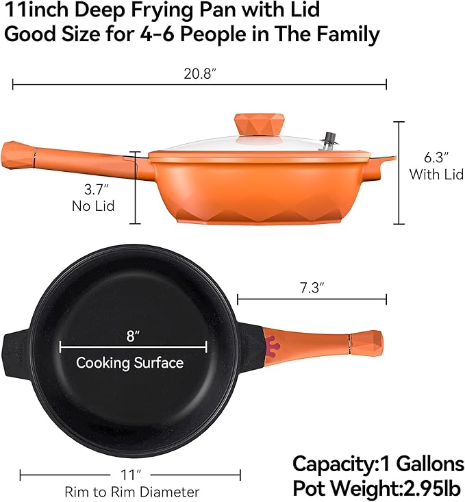 TIBORANG 8 in 1 Multipurpose 11 Inch 5 Quart Heat Indicator Nonstick Deep Frying Pan with Glass Lid,Stay-cool Handle,Steamed Grid,PFOA-Free,Dishwasher&Oven Safe,Works with All Stovetops(Tangerine)