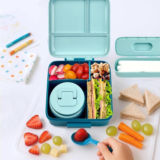 Bento Lunch Box for Kids with 8oz Soup Thermo,Leak-Proof Lunch Containers with 5 Compartment,Thermo Food Jar Food Containers for School (Blue-Octopus)
