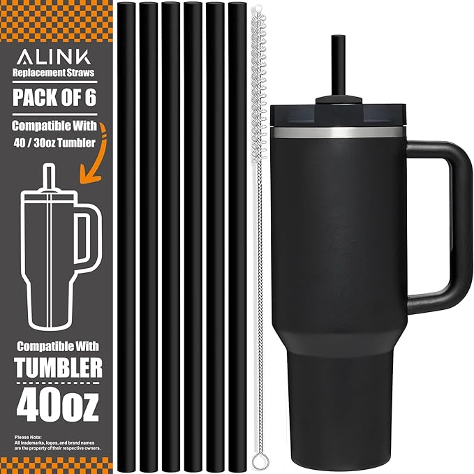 [DISHWASHER SAFE] 6 Pack Black Replacement Straws for Stanley 40 oz 30 oz Cup Tumbler, 12 inch Long Reusable Plastic Straws with Brush for Stanley, Owala, Yeti Tumbler, BPA FREE