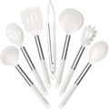 E-far Silicone Cooking Utensils Set, 7 Pcs Heat Resistant Kitchen Utensils with Stainless Steel Handle, Slotted Turner, Spoon, Soup Ladle, Pasta Server, Skimmer, Tongs for Nonstick Cookware, White