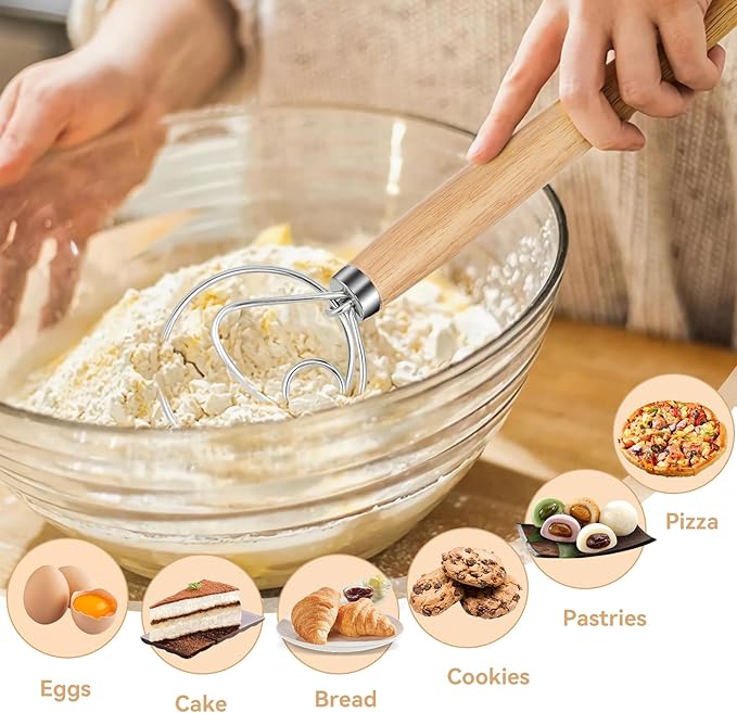 Danish Dough Whisk Dutch Bread Mixer Stainless Steel Hook Wooden Handle Baking Tools for Sourdough Pizza Pastry Cake Batter Making