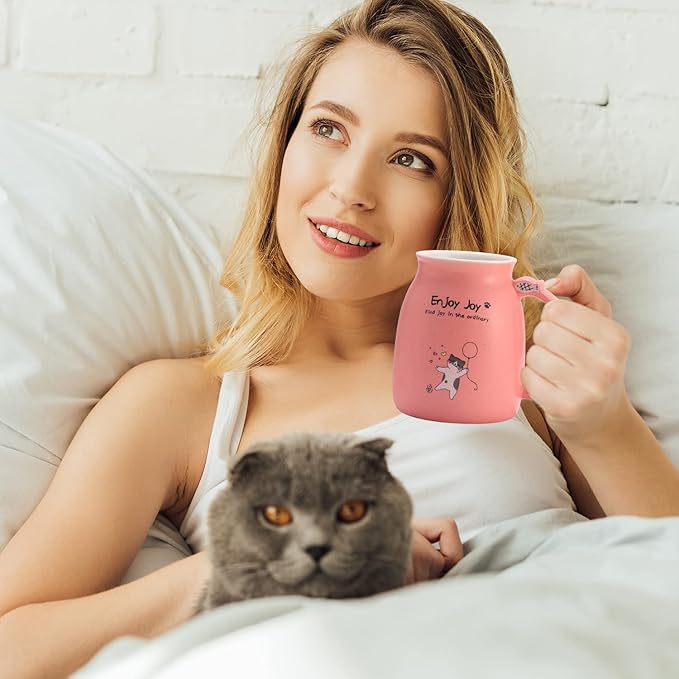 Bgbg Novelty Cat Mug Cute Ceramic Coffee Cup with Kawaii Wooden Kitty Lid, Lovely Claw Spoon, Anime Wooden Coaster, Pink Birthday Mug Gift for Cat Lovers Girl Kids Women 480ML (Pink)