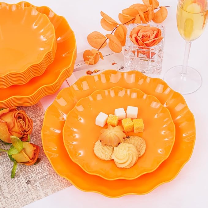 LIYH 24 Pcs Orange Scalloped Plates - Sturdy Plastic Orange Plates for Halloween & Thanksgiving Party Dishwasher Safe Reusable (12 Guests)