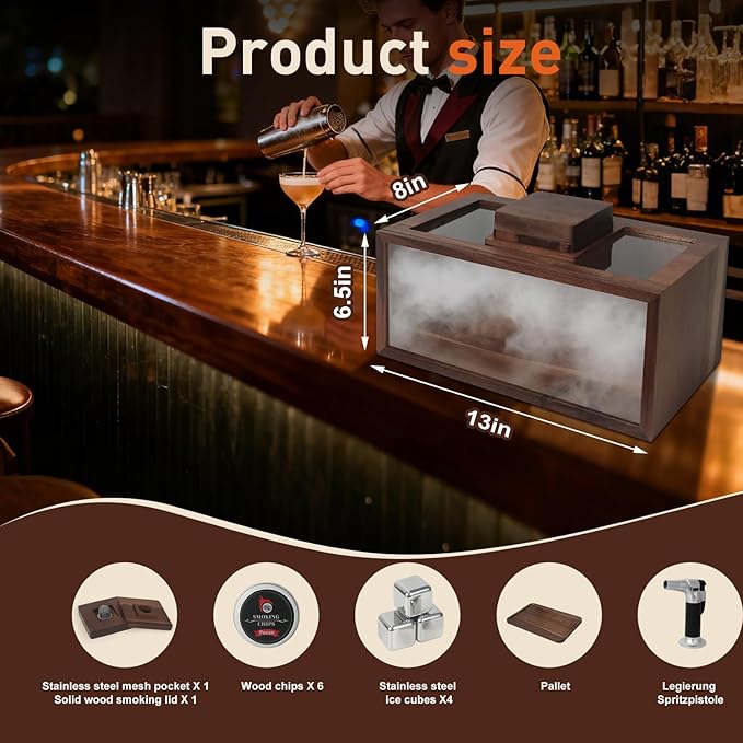 Cocktail Smoker Kit - Whiskey Smoker Kit with Smoking Gun：Black Walnut Cocktail Smoke Box, Food Tray and Wood Chips，Bourbon Old Fashioned Smoker Kit Christmas Gifts for Men，Dad（No Butane）