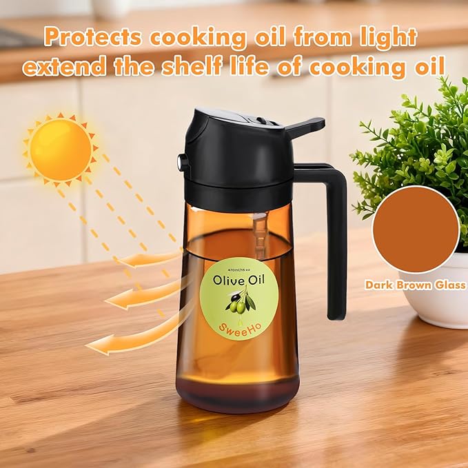 Oil Sprayer for Cooking,470ml Cooking Olive Oil Sprayer and Oil Dispenser 2 In 1, Food-grade Glass Oil Spray Bottle Mister for Air Fryer, BBQ, Griddle (Black+dark brown glass and color label)