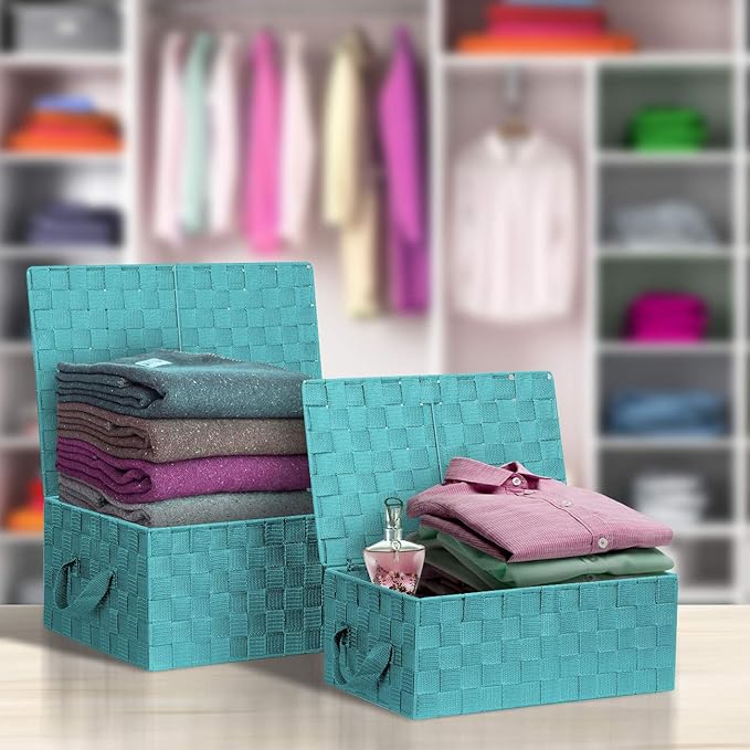 Sorbus Set of 3 Hand-Woven Storage Baskets with Lids (Aqua) – Mesh Bins for Closet, Shelf, or Pantry Organization – Variety Pack for Home and Office Storage