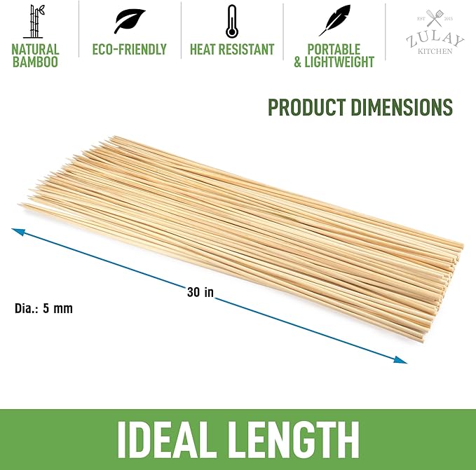 Zulay Kitchen Authentic Bamboo Marshmallow Smores Sticks - 40 Extra Long 30" Roasting Skewers - 5mm Heavy-Duty Bamboo - Ideal for Grilling & Camping