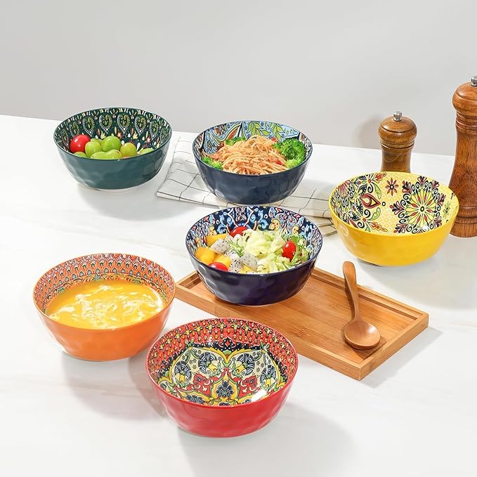 KitchenTour Cereal Bowls Set of 6, 26 oz Ceramic Soup Bowls for Kitchen, 6.4 Inch Colorful Serving Bowls for Oatmeal, Salad, Pasta, Dessert - Microwave & Dishwasher Safe